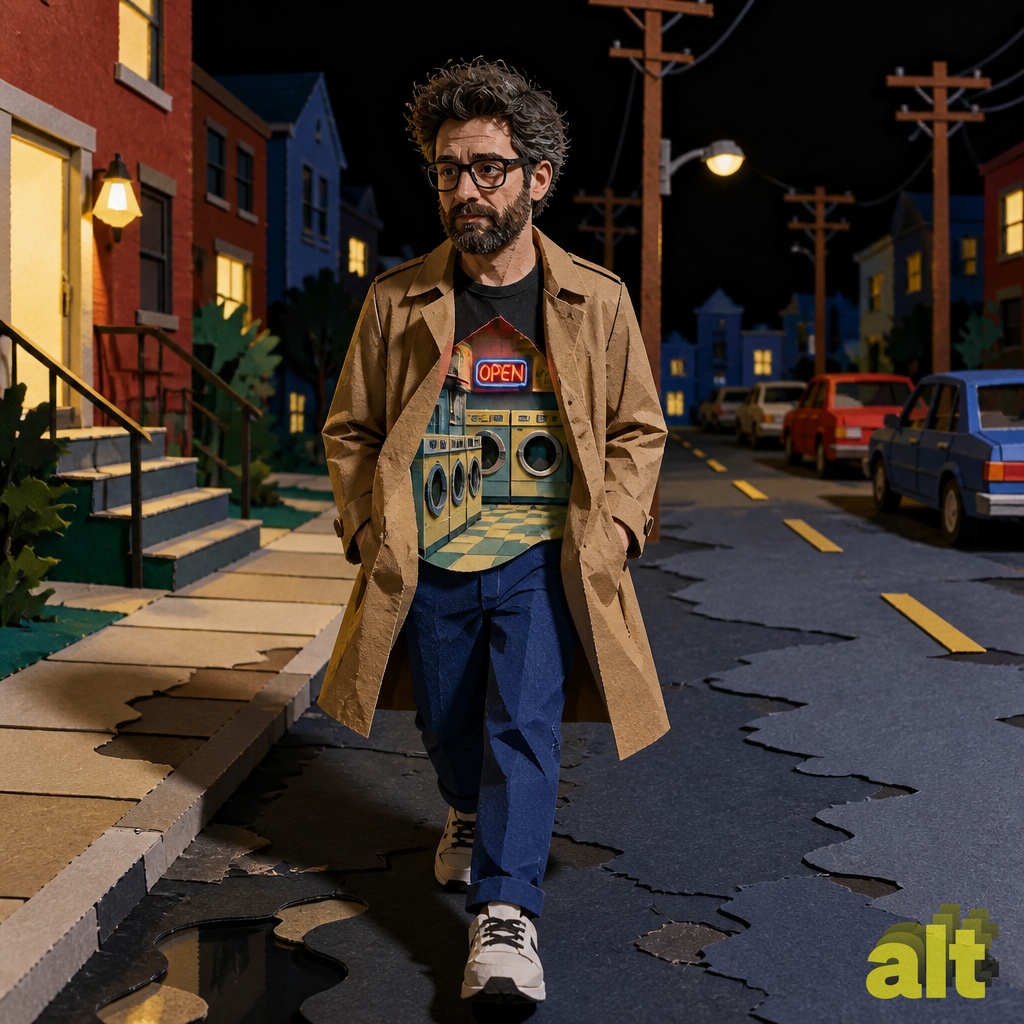 A construction-paper Zach outside a laundromat at night